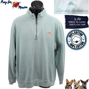 Tommy Bahama L Quarter Zip Light Teal Green Long Sleeve Cotton Knit Pullover